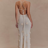 Trice | Lace-Up Open Back V-Neck 3D Floral Knit Maxi Dress