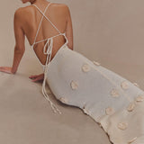 Trice | Lace-Up Open Back V-Neck 3D Floral Knit Maxi Dress