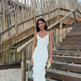 Trice | Lace-Up Open Back V-Neck 3D Floral Knit Maxi Dress