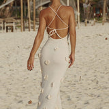 Trice | Lace-Up Open Back V-Neck 3D Floral Knit Maxi Dress