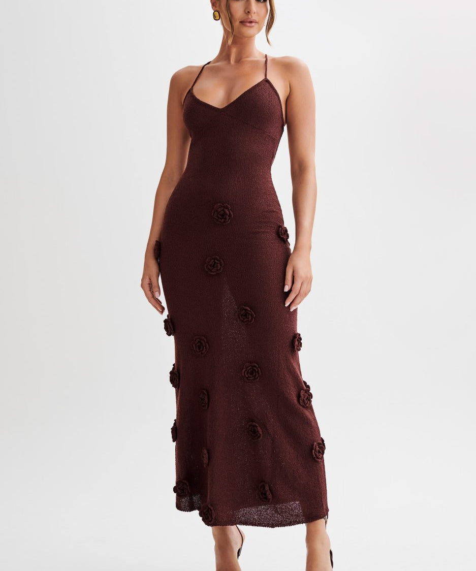 Trice | Lace-Up Open Back V-Neck 3D Floral Knit Maxi Dress