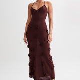 Trice | Lace-Up Open Back V-Neck 3D Floral Knit Maxi Dress