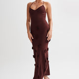Trice | Lace-Up Open Back V-Neck 3D Floral Knit Maxi Dress