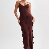 Trice | Lace-Up Open Back V-Neck 3D Floral Knit Maxi Dress