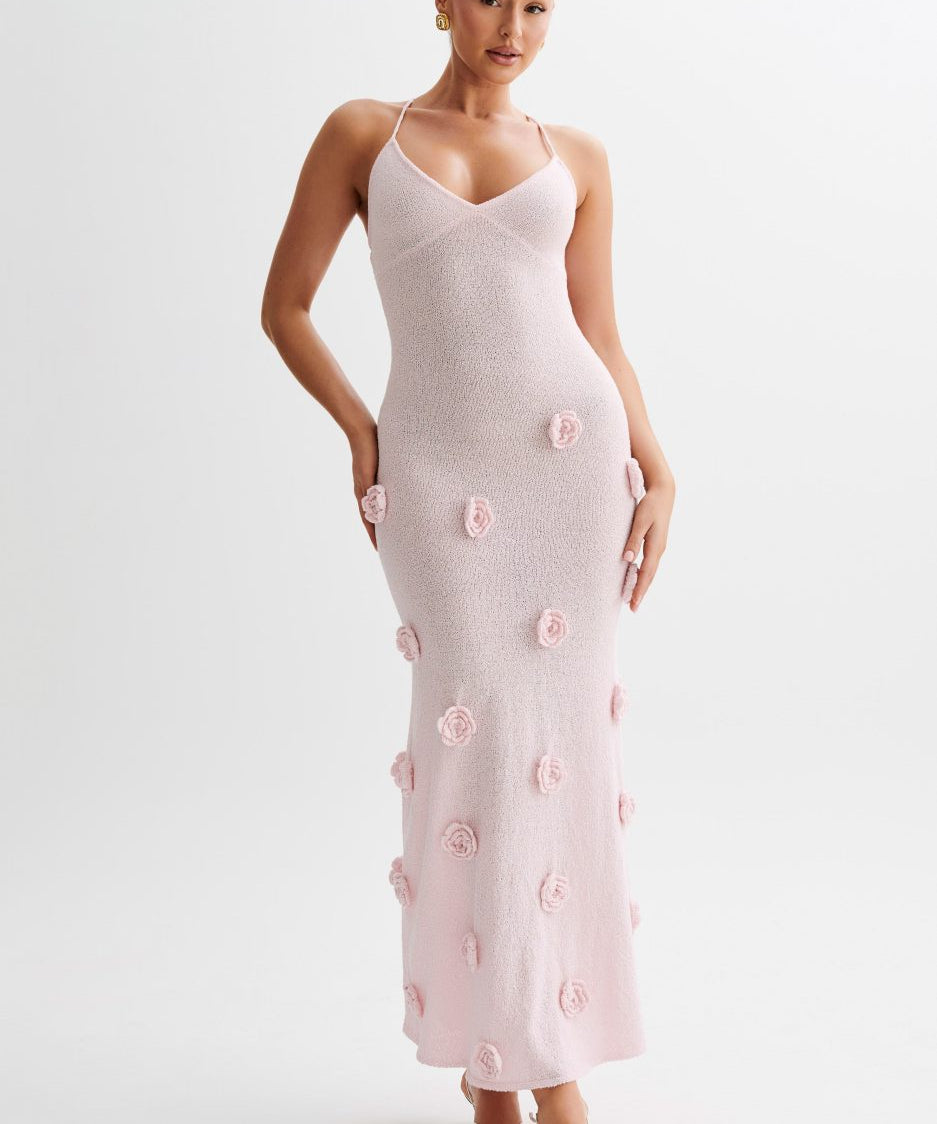 Trice | Lace-Up Open Back V-Neck 3D Floral Knit Maxi Dress
