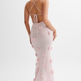 Trice | Lace-Up Open Back V-Neck 3D Floral Knit Maxi Dress
