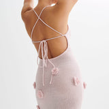 Trice | Lace-Up Open Back V-Neck 3D Floral Knit Maxi Dress