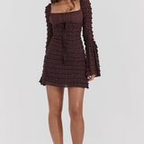 Marisa | Rich Brown Floral Lace Drawstring Bust Mini Dress