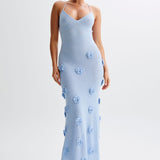 Trice | Lace-Up Open Back V-Neck 3D Floral Knit Maxi Dress