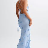 Trice | Lace-Up Open Back V-Neck 3D Floral Knit Maxi Dress