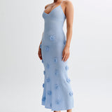 Trice | Lace-Up Open Back V-Neck 3D Floral Knit Maxi Dress