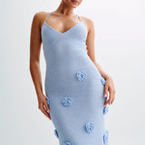 Trice | Lace-Up Open Back V-Neck 3D Floral Knit Maxi Dress