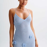 Trice | Lace-Up Open Back V-Neck 3D Floral Knit Maxi Dress