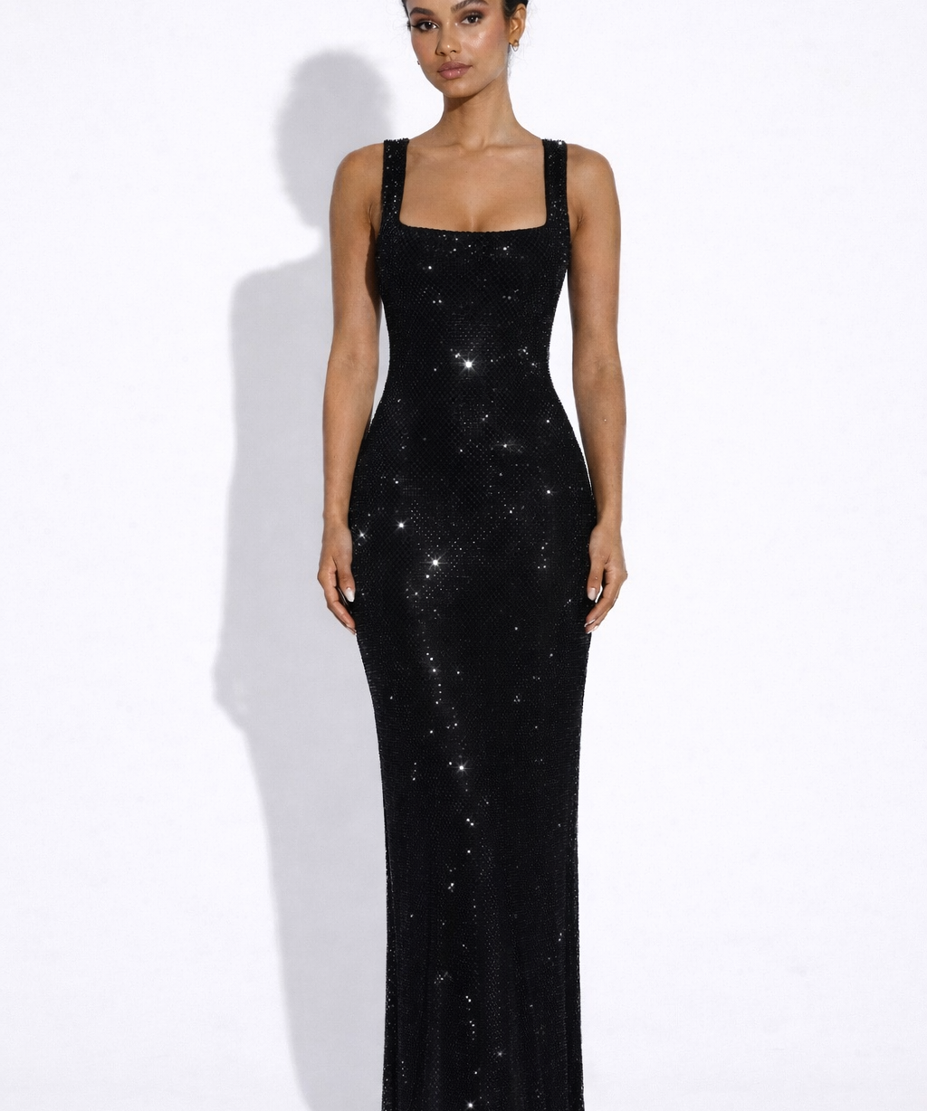 Olivia | Embellished Square Neck Crystal Mesh Maxi Dress