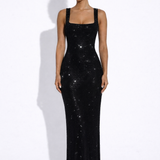 Olivia | Embellished Square Neck Crystal Mesh Maxi Dress