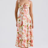 Carmen | Pink Peony Lace Up Back Floral Side Split Midi Dress