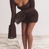 Marisa | Rich Brown Floral Lace Drawstring Bust Mini Dress