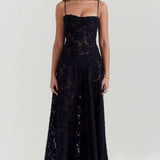 Adelle | Floral Jacquard Lace-Up Maxi Dress