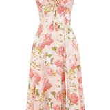 Carmen | Pink Peony Lace Up Back Floral Side Split Midi Dress