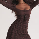Marisa | Rich Brown Floral Lace Drawstring Bust Mini Dress