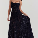Adelle | Floral Jacquard Lace-Up Maxi Dress