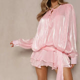 Sol | Long Sleeve Tiered Ruffle Pleated Luster Mini Dress