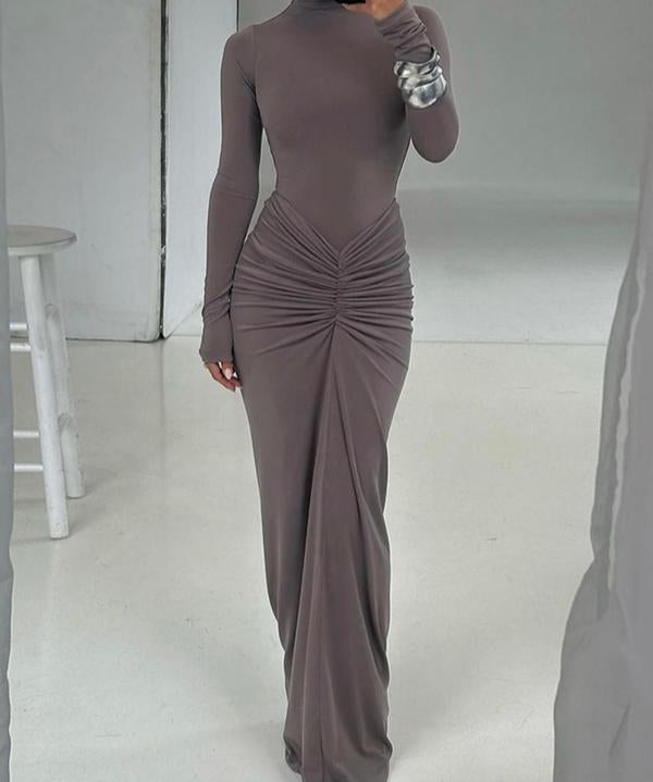 Gilded | Classy Ruched Long Sleeve Mock Neck Maxi Dress