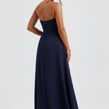 Meadow | Strapless Ruched Crepe Thigh-High Split Maxi Dress