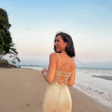 Isolde | Lace-Up Back Metallic Knit Maxi Dress with Thigh-High Slit