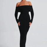 Angel | Off-Shoulder Black Maxi Dress – Premium Sculpting Knitted Gown