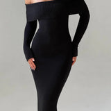 Angel | Off-Shoulder Black Maxi Dress – Premium Sculpting Knitted Gown