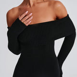 Angel | Off-Shoulder Black Maxi Dress – Premium Sculpting Knitted Gown