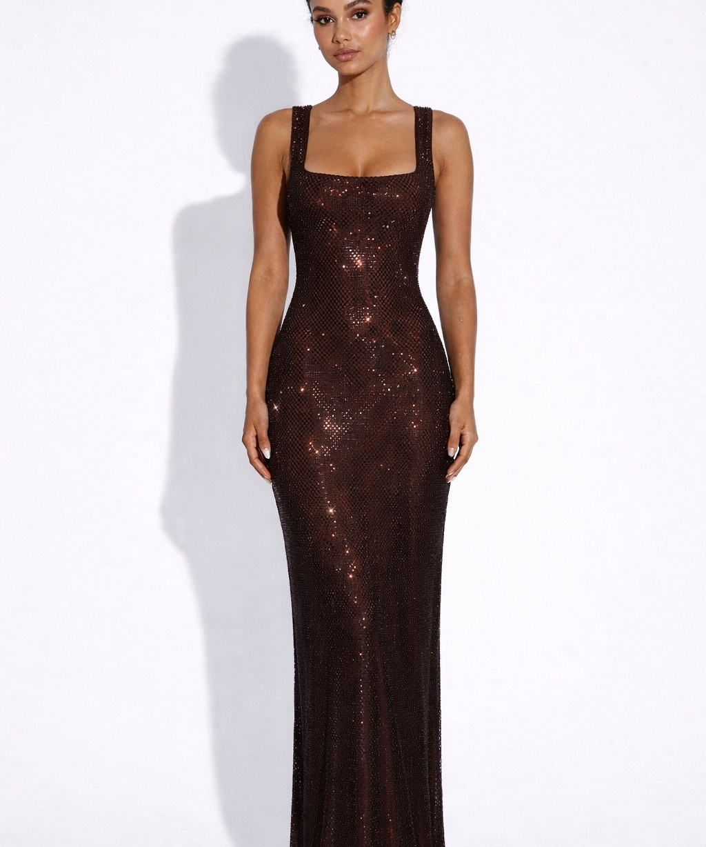 Olivia | Embellished Square Neck Crystal Mesh Maxi Dress