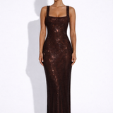Elara | Sculpted Square Neck Crystal Mesh Maxi Dress