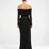 Alice | Sheer Mesh Bodice Off-Shoulder Cowl Maxi Dress