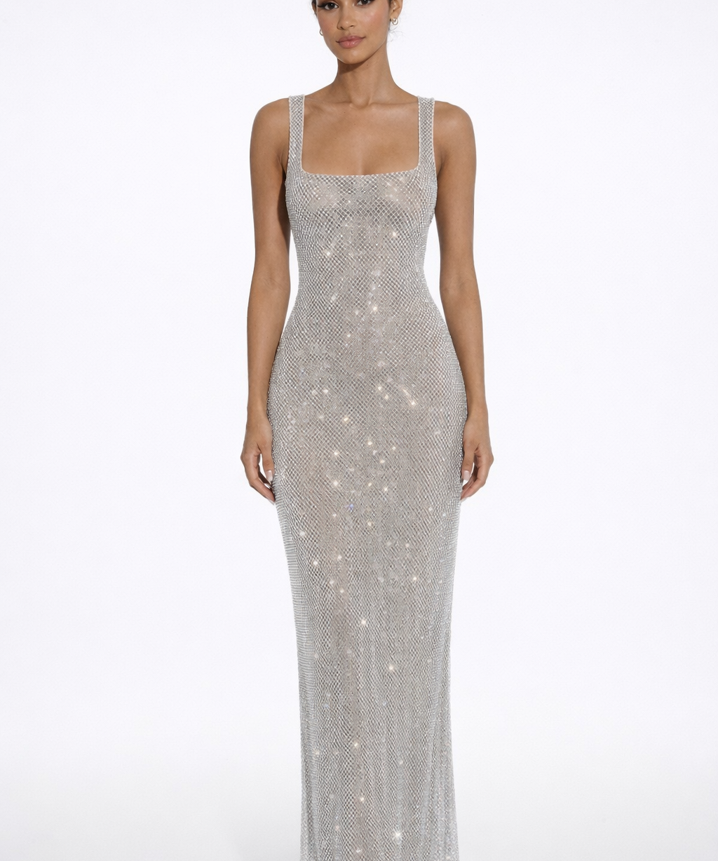 Elara | Sculpted Square Neck Crystal Mesh Maxi Dress