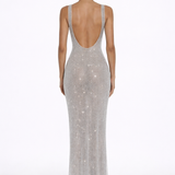 Elara | Sculpted Square Neck Crystal Mesh Maxi Dress