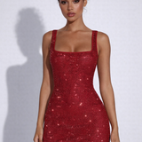 The Solar | Square Neck Rhinestone Stretch Net Mini Dress