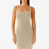 Isolde | Lace-Up Back Metallic Knit Maxi Dress with Thigh-High Slit