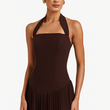 Stacy | Structured Bodice Elegant Halterneck Pleated Maxi Dress