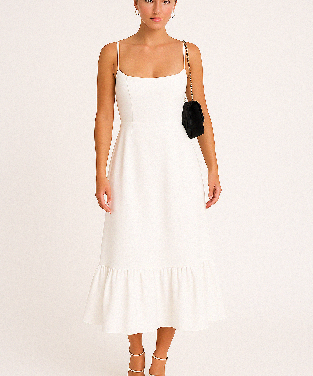 Ivy | Square Neck Flared Midi Dress with Ruffled Hem