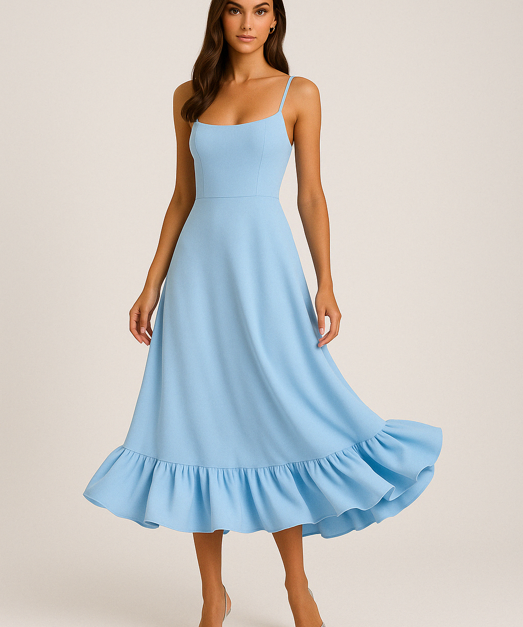 Ivy | Square Neck Flared Midi Dress with Ruffled Hem