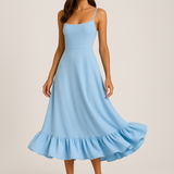 Ivy | Square Neck Flared Midi Dress with Ruffled Hem