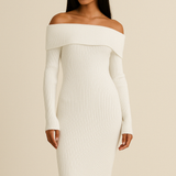 Nerrit | Off-The-Shoulder Ribbed Knit Midi Dress
