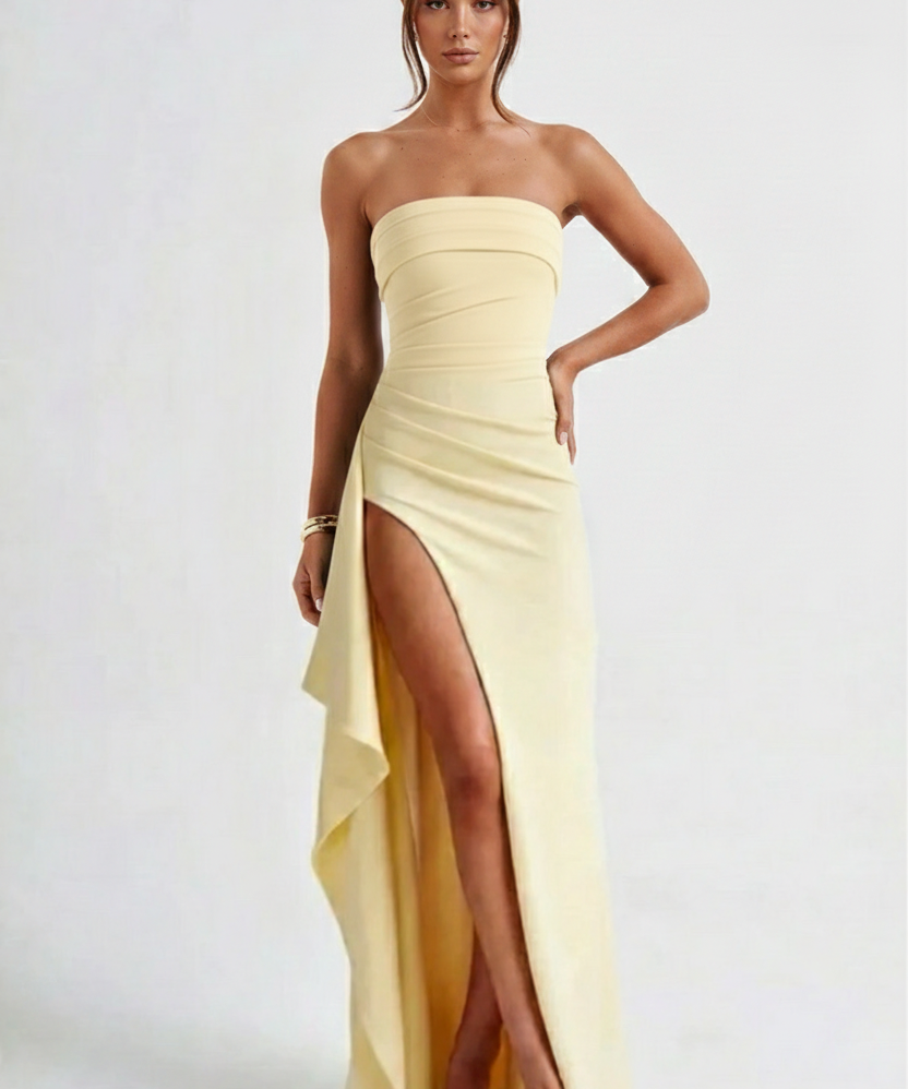 Meadow | Strapless Ruched Crepe Thigh-High Split Maxi Dress