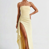 Meadow | Strapless Ruched Crepe Thigh-High Split Maxi Dress