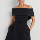 Clare | Structured A-Line Black Off-Shoulder Mini Dress