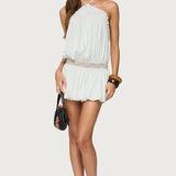 Aida | Relaxed Draped Halter Neck Lace-Trim Mini Dress