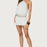 Aida | Relaxed Draped Halter Neck Lace-Trim Mini Dress