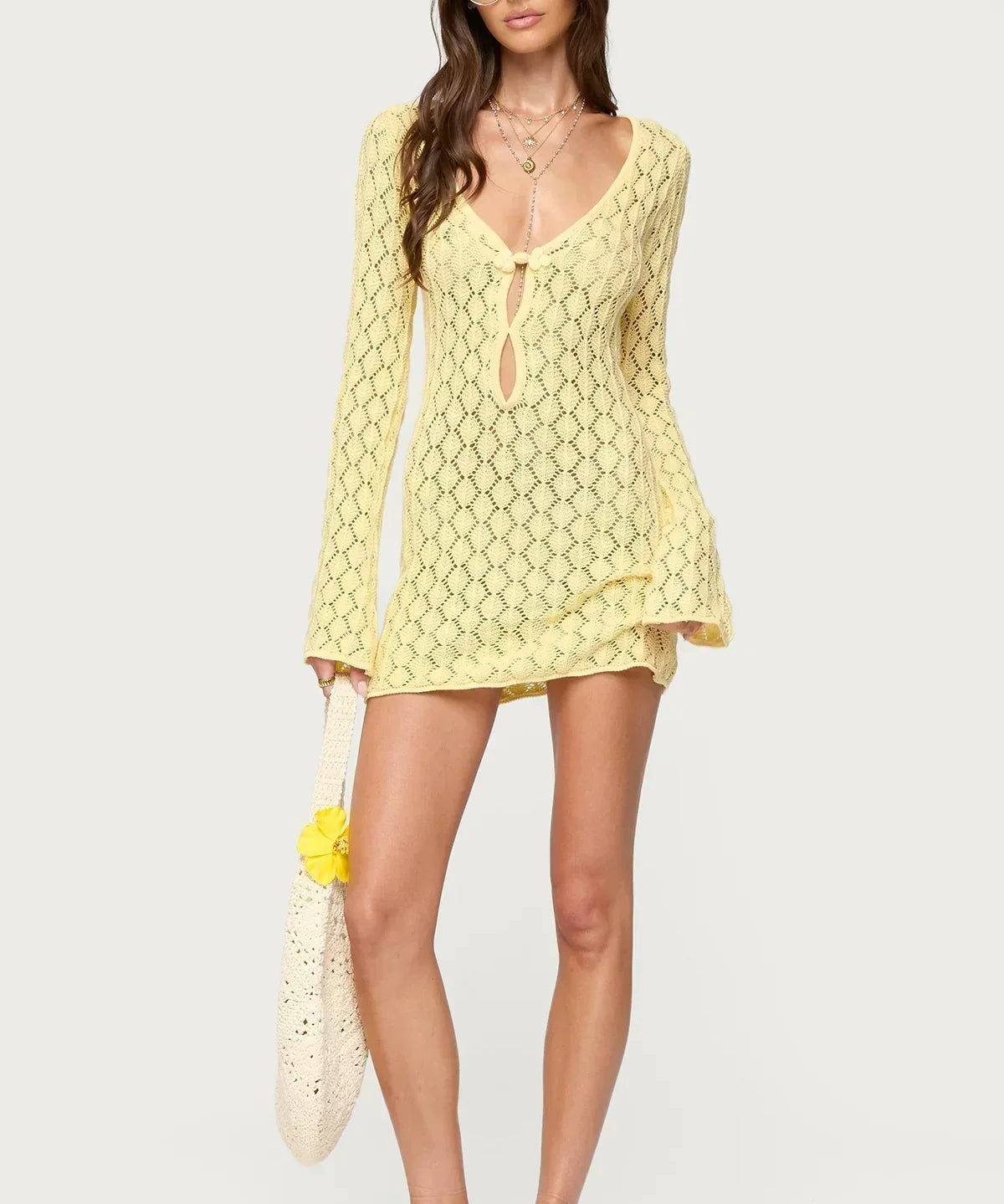 Maré | Breezy Open-Knit Long-Sleeve Crochet Mini Dress